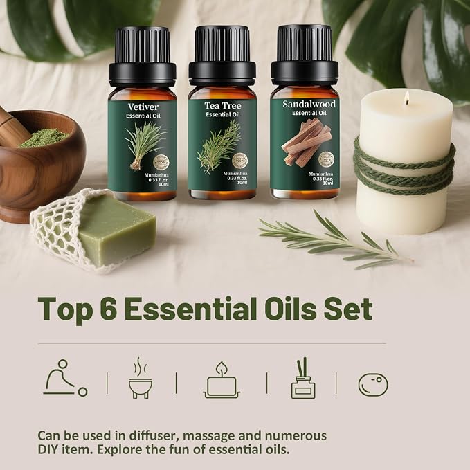 Woody Essential Oils Set, Pure Sandalwood Cedarwood Tea Tree Cypress Frankincense Vetiver – Natural Aromatherapy for Diffuser, Meditation, Candle & Soap Making – 6x10ml