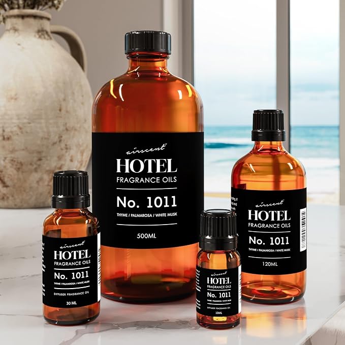 AirScent Hotel Diffuser Oil No. 1011 -The Beach Villas Scent - 120 mL | Thyme Palmarosa White Musk - Fragrance Oil for Ultrasonic and Waterless Diffusers and Crafting - 4 fl oz Dropper Bottle