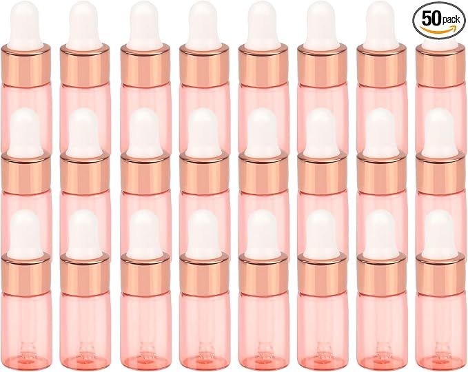 Sample Dropper Bottles, Mini Dropper Bottles with 2 Pcs Plastic Droppers for Traveling Essential Oils DIY Cosmetic Liquid Sample Perfume (Rose Pink, 3ML)