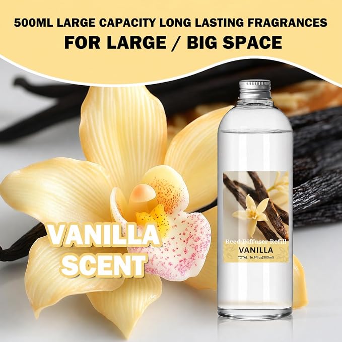 SCENTORINI Reed Diffuser Oil Refill, 16.9oz Vanilla Scented Essential Oil with 6 Sticks, Long Lasting Summer Home Fragrance for Large Space, Bathroom, Spa Room Aromatherapy, Hotel, Office Decor