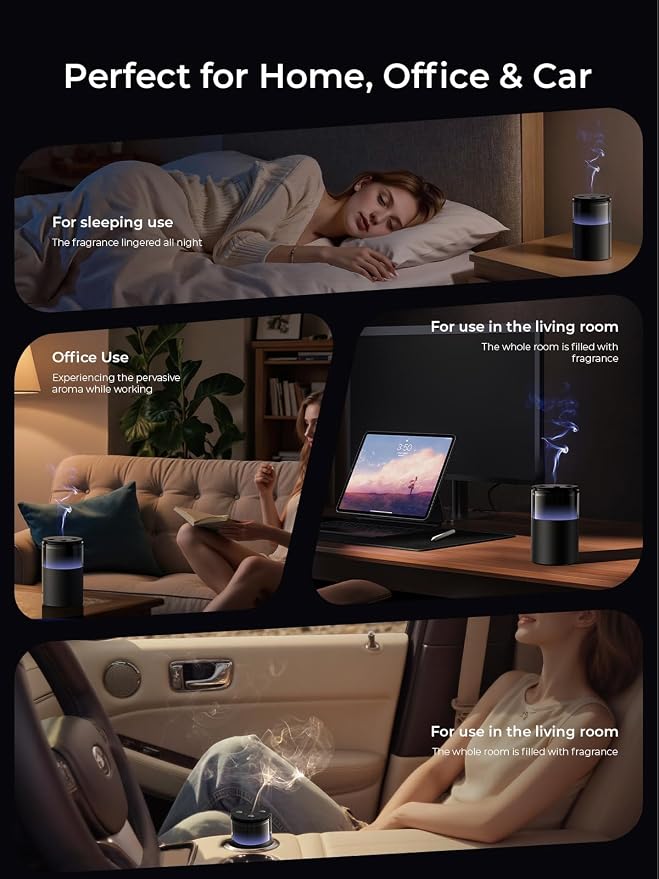 Battery Operated Waterless Diffuser – Portable Scent Machine for Car, Office & Bedroom, Ultrasonic Aroma Mist with 9 Color LED Light, Mini Essential Oil Diffuser Charcoal Black