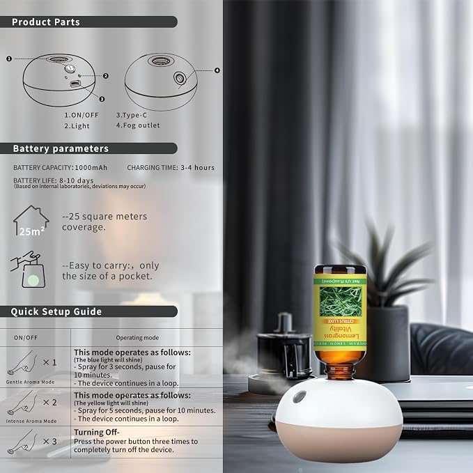 Rechargeable Waterless Oil Diffuser - 2 Mist Modes Essential Oil Diffusers with 6 Essential Oils(10ml) for Home,Car,Office - Scent Diffuser Starter Kit