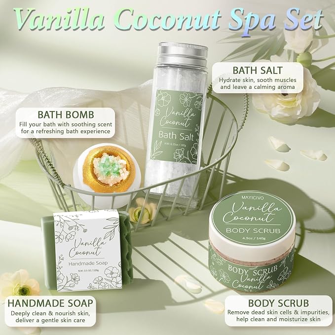Spa Gifts for Women Bath Gift Set, Vanilla Coconut Spa Gift Baskets Home Bath Set Self Care Kit Care Package Thank You Birthday Mothers Day Easter Gifts for Women Mom Her Friends Sister Teen Girl Wife