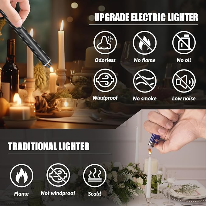2 Pack Electric Candle Lighters, USB Rechargeable Lighter with Windproof Flameless & Extended Handle, Suitable for Candles, BBQ, Camping, Gas Stove, Festivals Gift (Black, 2 Packs-B)