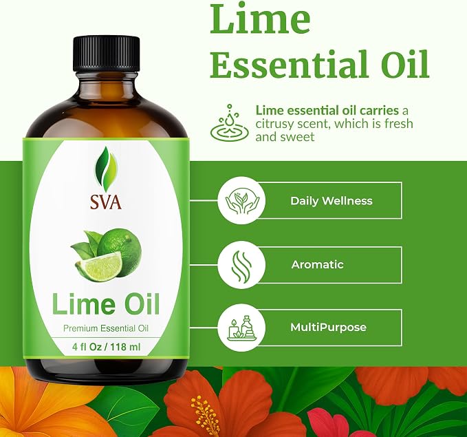 SVA Lime Essential Oil – 4 Fl Oz - for Diffuser, Skin & Hair Care – Ideal for Massage & DIY Blends - with Dropper