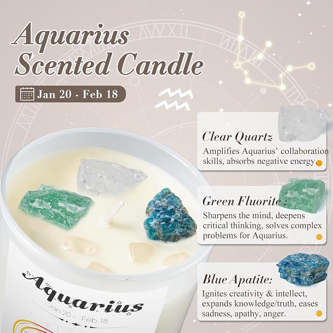 Aquarius Gifts for Women, Zodiac Aquarius Candle with Healing Crystals, Astrology Birthday Gifts for Women, Mom, Sister, Friends, Meditation, Yoga, Relaxation (7oz)