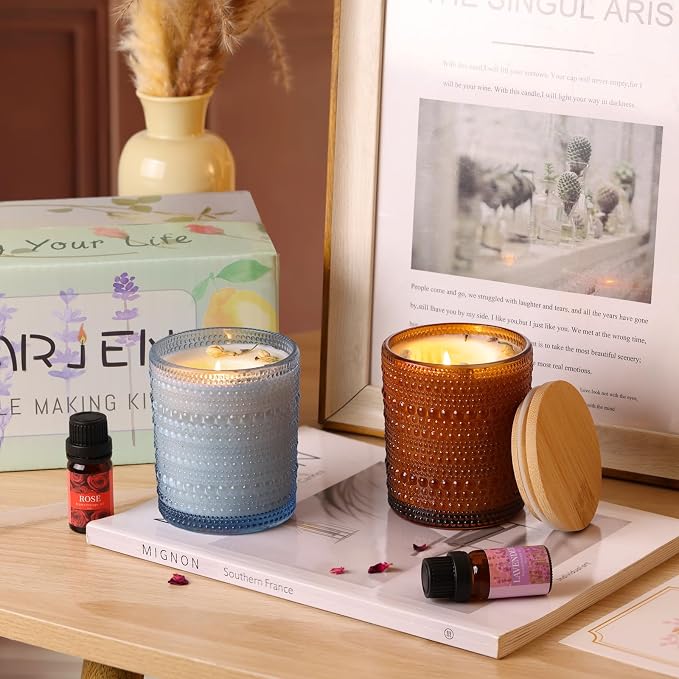 DARJEN Candle Making Kits for Beginners, DIY Starter Scented Candles Making Kit - 2 Glass Jars(Blue, Amber), Soy Wax, Scented, Card & More, Full Soy Candle Making Supplies Set Perfect Gifts