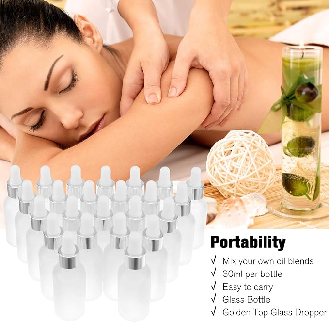 PrettyCare Glass Eye Dropper Bottles 24 Pack, 1oz (30ml) Frosted Empty Thick Bottles Bulk with Leakproof Silver Caps - With Labels & Funnels for Storage, Travel, Essential Oils, Cuticle, Tinctures