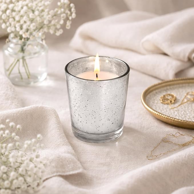 Hosley Set of 12 Silver Mercury Filled Glass Votive Candles. Ideal Gift for Weddings, Bridal Showers, Parties, Home Decor, and Special Events