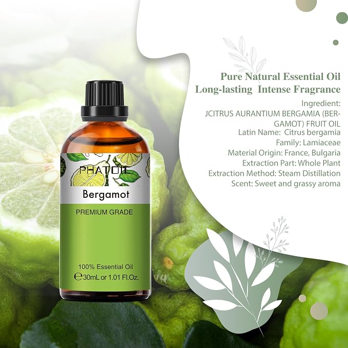 Bergamot Essential Oil 1.01fl.oz/30ml, PHATOIL Bergamot Oils Long Lasting Scents for Aromatherapy, Diffuser, DIY Soap and Candle Making