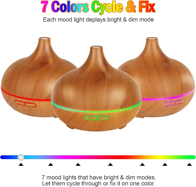 Aroma Diffuser for Essential Oils，550ml Aromatherapy Diffuser Ultrasonic Cool Mist Humidifier for Home with 7 Light Colors, 4 Timer Setting, Waterless Auto Off