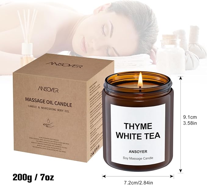 Premium Soy Massage Candle for Relaxation – 7oz Massage Oil Candle with Sweet Almond Oil - (Thyme & White Tea)