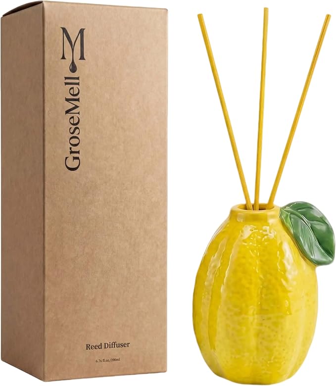 Lemon Scented Reed Diffuser Set – 6.76 fl oz (200ml) with Sticks, Creative Lemon-Shaped Ceramic Design for Home, Bedroom & Bathroom Decor, Long Lasting Aromatherapy Gift