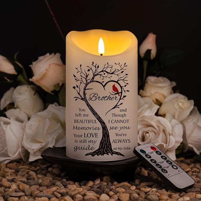 Flameless Memorial Candle, Real Wax LED Light with Remote Sympathy Bereavement Gifts for Loss of Loved One Sympathy Candles for Loss of Brother Remembrance Gifts (4" x 7")