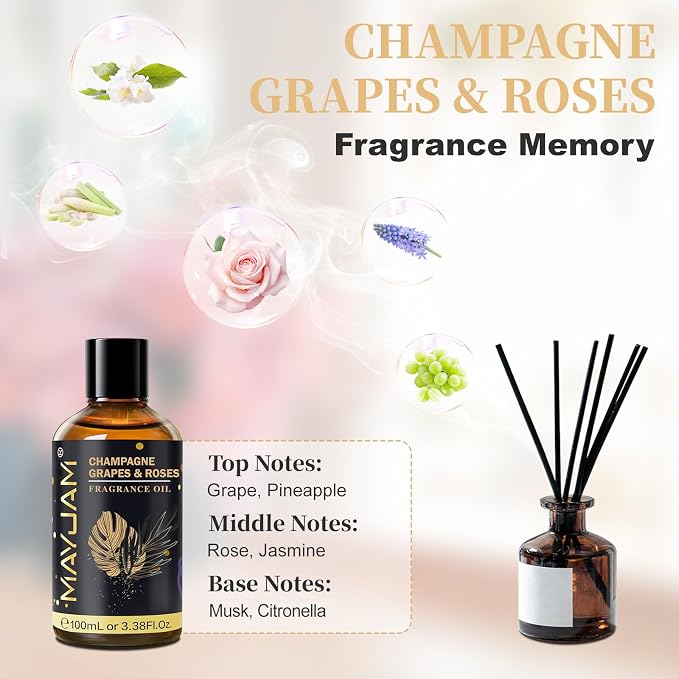 Champagne Grapes & Roses Fragrance Oil, MAYJAM 3.38FL.OZ Essential Oils for Diffusers for Home, Long Lasting Scented Oils for Soap Candle Making - 100ML