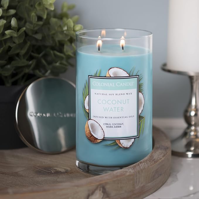 Colonial Candle Coconut Water Scented Jar Candle, Classic Cylinders Collection, 2 Wick, Blue, 19 oz - Up to 120 Hours Burn