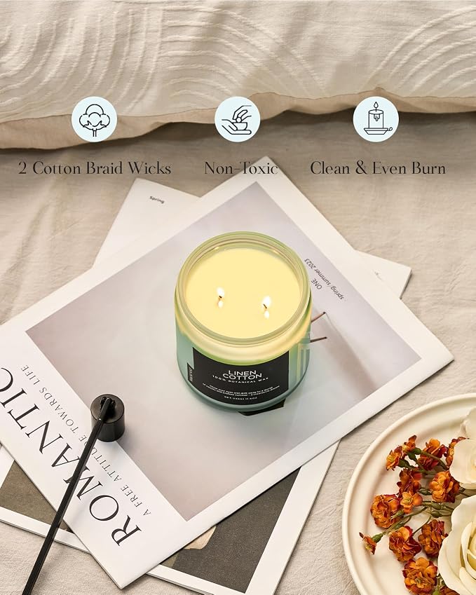 M&SENSE Fresh & Linen Cotton Scented Candles, 11.6oz Natural Soy Wax, 70-Hour Slow Burning, Clean Non Toxic Candle for Laundry, Aromatherapy Home Fragrance Gifts for Relxation Strees Relief