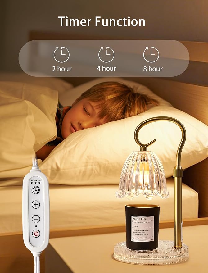 Candle Warmer Lamp with Timer & Dimmer, Crown Glass Lamp Candle Warmer for Jar Candles, UPGRATED with 3 Bulbs, Height Adjustable Electric Wax Warmer for Elegant Home Decor