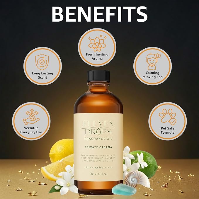 Private Cabana Fragrance Oil | Citrus, Jasmine & Ocean Notes | Long Lasting Scent Reed Diffuser Oil for Home, Office, Hotel, Spa, Car & Linen Spray | Pet Friendly IFRA Compliant, 4 oz