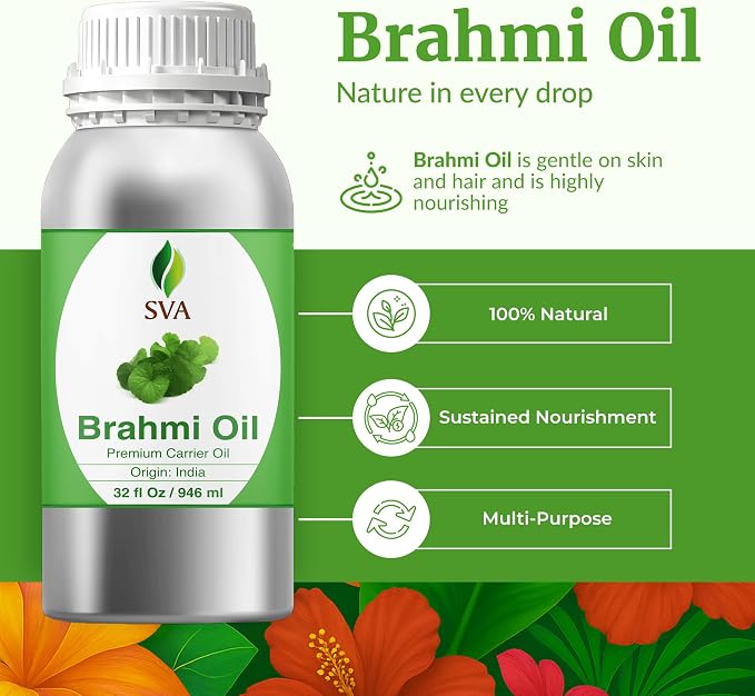 SVA Brahmi Oil - 32 Fl Oz – 100% Natural Cold Pressed Brahmi Oil - for Face, Skin Care, Hair Care, Scalp Massage & Body Massage – Carrier Oil