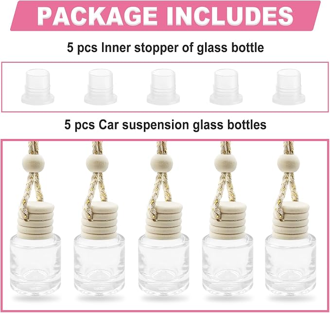 5 pcs Car Hanging Empty Glass Perfume Bottles Pendant Bottle, DIY Air Freshener Pendant, Empty Clear Glass Essential Diffuser Oil Aromatherapy, Glass Bottle Decor (Cylindrical)