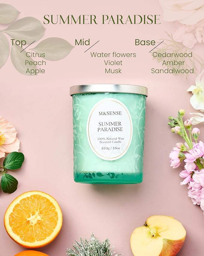 M&SENSE Summer Paradise Scented Candle | Cracking Wooden Wick, Soy Wax, 18oz, 100 Hours Long Lasting, Non-Toxic Aromatherapy