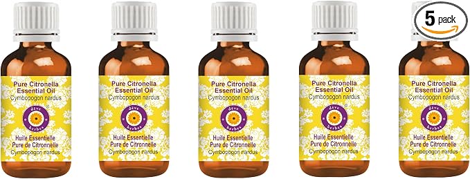 Deve Herbes Pure Citronella Essential Oil (Cymbopogon nardus) Steam Distilled (Pack of Five) 100ml X 5 (16.9 oz)