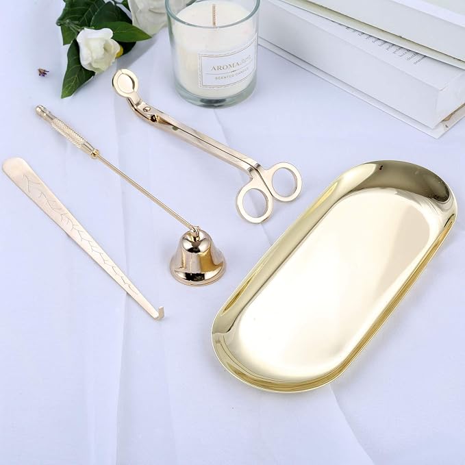MUXSAM 4 in 1 Candle Accessory Set, Candle Wick Trimmer Candle Cutter, Candle Snuffer, Candle Wick Dipper, Storage Tray Plate, Candle Care Tools for Candle Lover, Thanksgiving, Christmas (Gold)