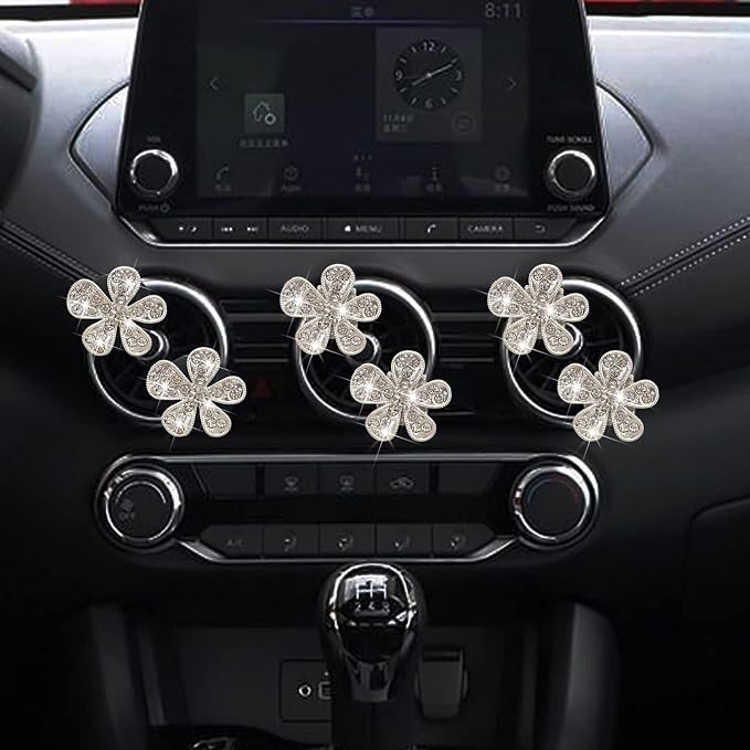 Daisy Air Vent Clips, 3 Pcs Cute Flower Crystal Rhinestone Car Air Conditioning Outlet Clip Vehicle Air Freshener Clip Charm Car Inter Decor Accessories for Women (Silver, 1.6inch)