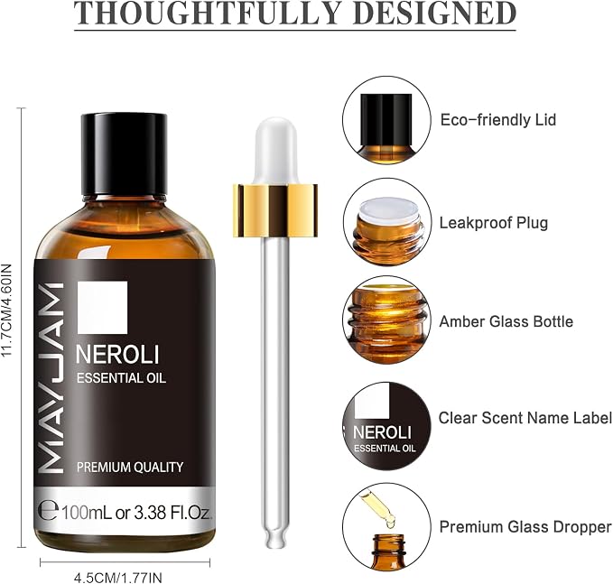 Neroli Essential Oil, MAYJAM Pure Essential Oils for Diffusers, 3.38FL.OZ/100ML Large Volume Neroli Oil with Premium Glass Dropper