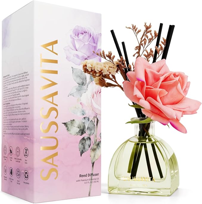 Reed Diffusers Set Citrus Herb Garden Scented Diffuser for 140 Days, Flower Diffuser 8.5 fl oz with Dried Flowers and Decorative Rose, Long Lasting Home Fragrance for Bathroom, Shelf, Office Decor