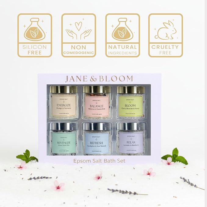 Epsom Salt Bath Gift Set – 6 Aromatherapy Blends with Essential Oils – Bath & Body Gift Set for Women, Stress Relief, Self Care, Birthday Gifts – Jane & Bloom