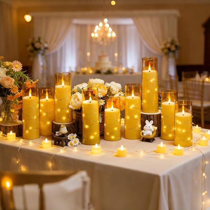 kakoya Flameless LED Candles with Timer 24 Pc Flickering Flameless Candles for Romantic Ambiance and Home Decoration Stable Acrylic Shell,with Embedded Star String，Battery Operated Candles(Gold)