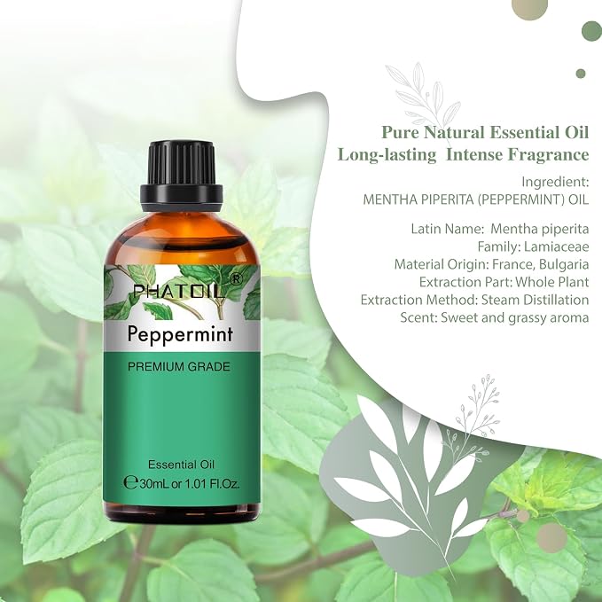 Peppermint Essential Oil, 1.01Fl.Oz (30ML) PHATOIL Pure Essential Oil Singles for Aromatherapy Diffusers, Humidifiers, Great for DIY Candle and Soap Making, Gift for Friend