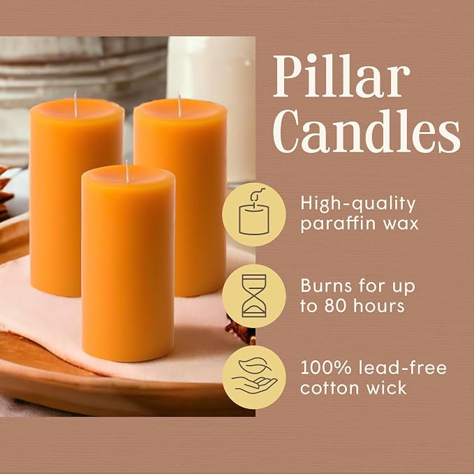 Mister Candle Dripless Unscented Pillar Candles, Set of 3 Hand Poured Orange Pillar Candles, Solid Color Non-Scented Candles for Home Decor, Premium Wax, 80 Hr Burn Time, 3x6 Inch