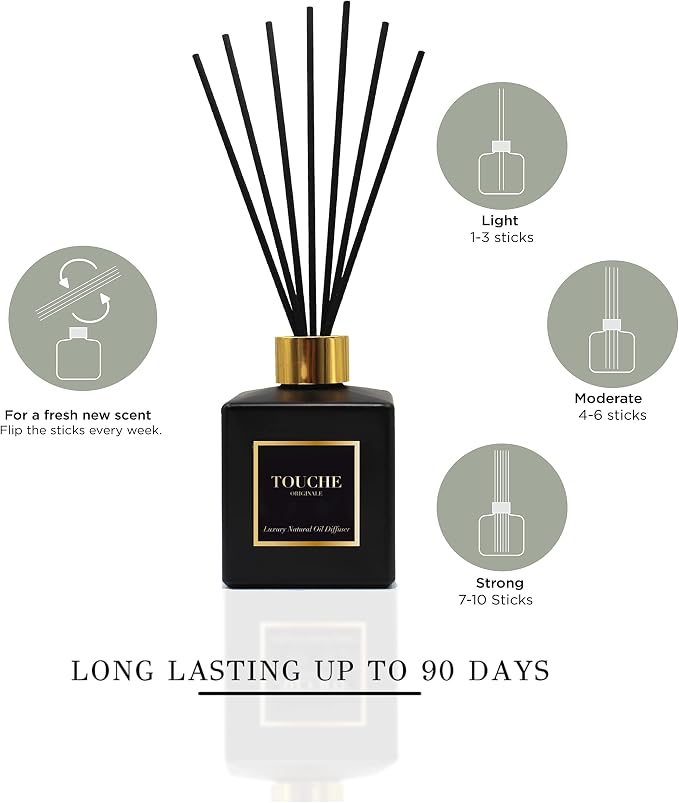 Touche Luxury Natural Reed Diffuser. Long Lasting Scented Home Fragrance. Natural Essential Oil Alcohol-Free. 4.75 OZ. Glass Bottle (Vanilla & Caramel - Black Bottle)