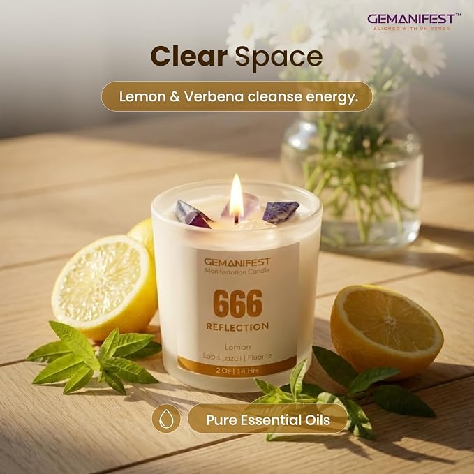 Angel Number 666 Manifestation Candle Crystal Infused Soy Wax with Lapis Lazuli and Fluorite Lemon Scented Spiritual Gift for Reflection and Energy Alignment