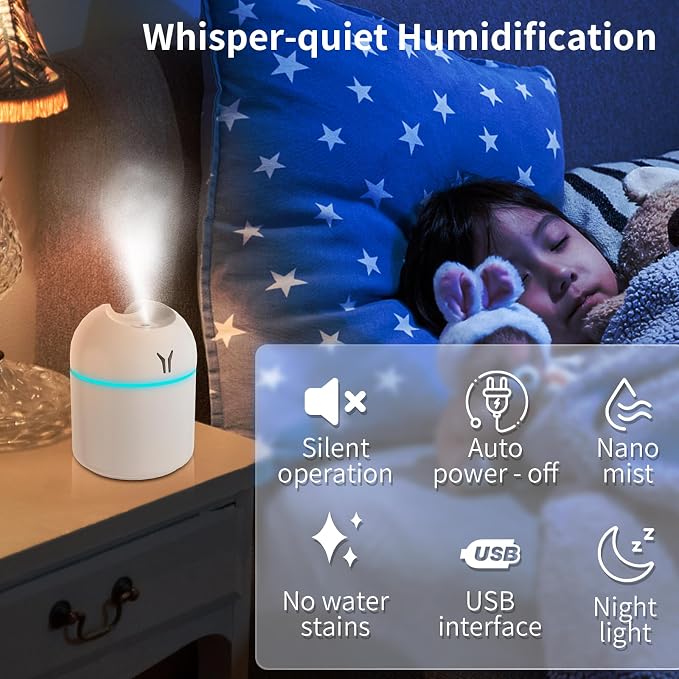 Portable Mini Humidifier, 250ML 3-in-1 Cool Mist With Aroma Pads, Colorful Night Light, USB for Car and Travel (White)