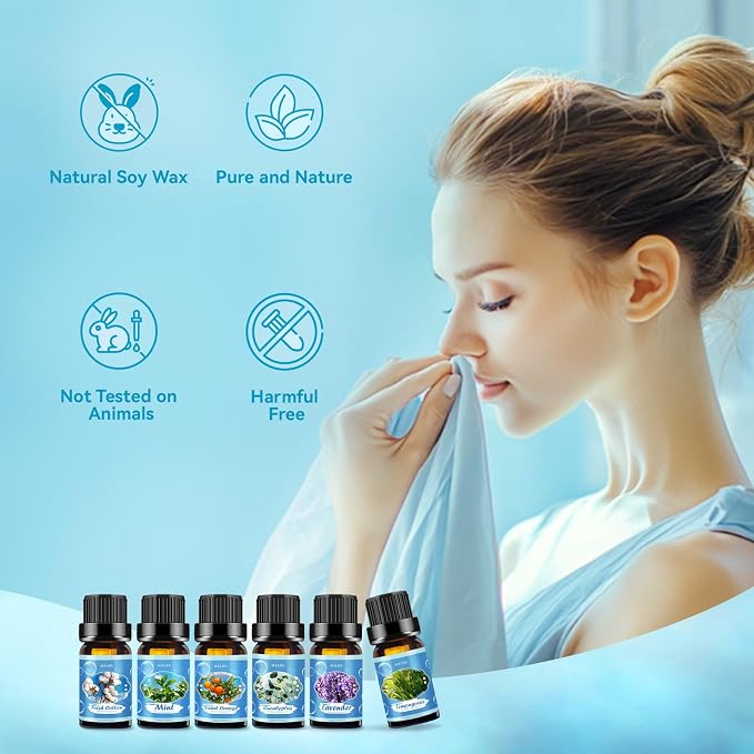 Clean Essential Oils Set for Diffuser & Candle Making | 6 Pack Premium Aromatherapy Oils Gift Set - Lavender, Eucalyptus, Mint, Sweet Orange, Lemongrass, Clean Cotton for Home