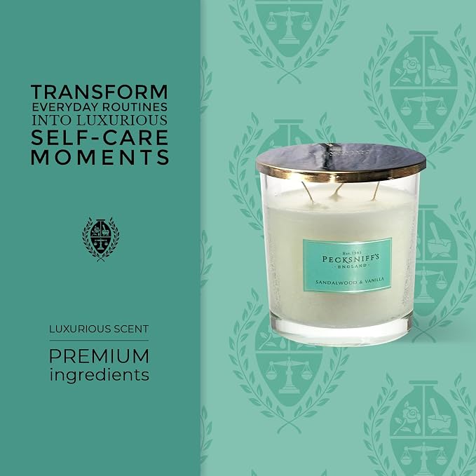 Pecksniff's Sandalwood & Vanilla 3-Wick Tall Candle | 550g/19.4oz | White Glass Vessel with Metal Lid