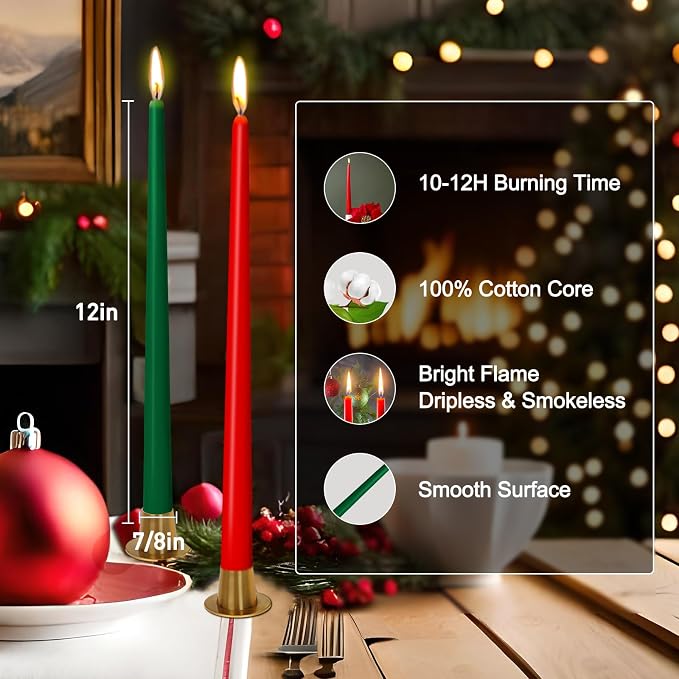 4 Green and 4 Red Taper Candles for Christmas, 12 Inch Unscented Long Candlesticks for Home, Dripelss Thin Candles for Holiday Party Decoration