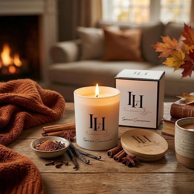 LH Spiced Cinnamon Scented Candles 10.6 oz – Romantic Candle for Home Ambience, Warm Cinnamon Aroma, Aromatherapy Jar Candle Cozy Decor Gift for Women or Men Relaxing Fragrance