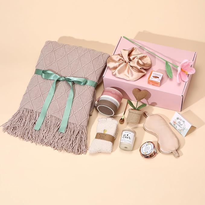 Christmas & Birthday Gifts for Women, Self Care Gift Basket Get Well Soon Care Package - Luxury Spa Set with Knitted Blanket, Fuzzy Socks, Mug, Candle, Scrunchie for Her, Mom, Best Friend
