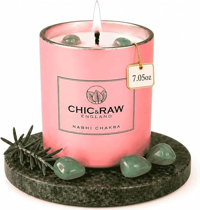 Aromatherapy Candle with Crystal Green Aventurine Nabhi, Patchouli & Bergamot - Luxury Long-Lasting Burn Soy Candle for Home Scented - Unique Healing, Meditation& Relief Gift for Women, 7.05oz