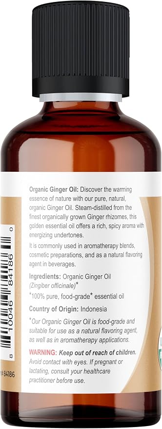 Viva Doria Ginger Essential Oil, USDA Certified, Organic Ginger Oil, 100% Pure, Natural Essential Oil, Undiluted, for Aromatherapy | Food Grade, 30 mL (1 Fluid Ounce)