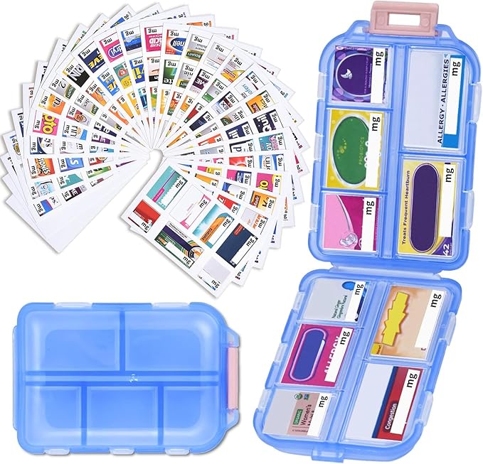 Travel Pill Organizer with 189 Medicine Labels, 10 Compartments Small Pill Case Compact and Portable Travel Pill Box for Airplane Car Purse Nurse Vacation Essentials (Blue, 1 Pack)