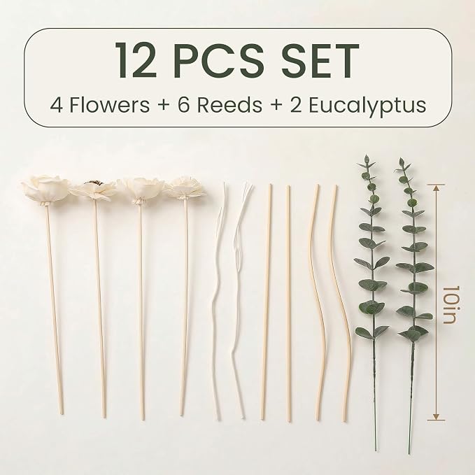 Flower Reed Diffuser Sticks Set of 12, Handmade Sola Wood Flowers with Faux Eucalyptus Stems, Reed Diffuser Sticks for Home Fragrance, Bathroom Aromatherapy & Decoration