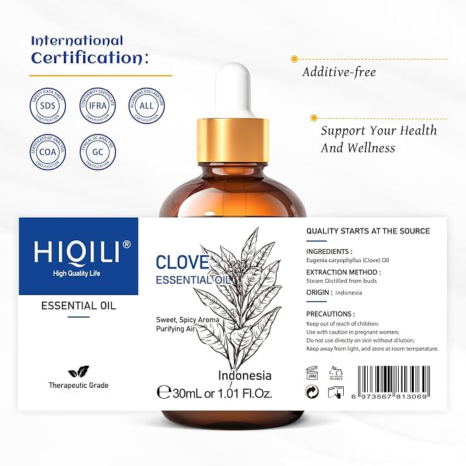 HIQILI 1 Fl Oz Clove Oil for Teeth and Gums, Oral Care, DIY Clean Spray, Aromatherapy - 30ml