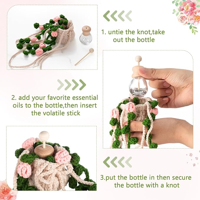 DaisyInner Cute Crochet Plant Car Freshener 12ml Empty Refillable Diffuser Bottle with Plants Hanging Accessories for Ornaments Charms Rearview Mirror Home Office Decor Women Gifts(Flower)