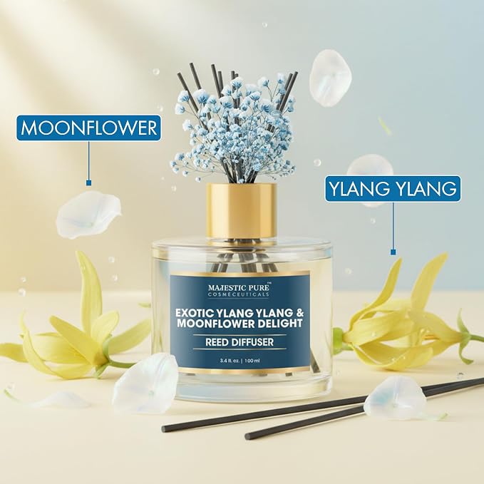 Majestic Pure Ylang Ylang & Moonflower Reed Diffuser 3.4 Fl Oz | Long-Lasting Floral Fragrance for Home and Office